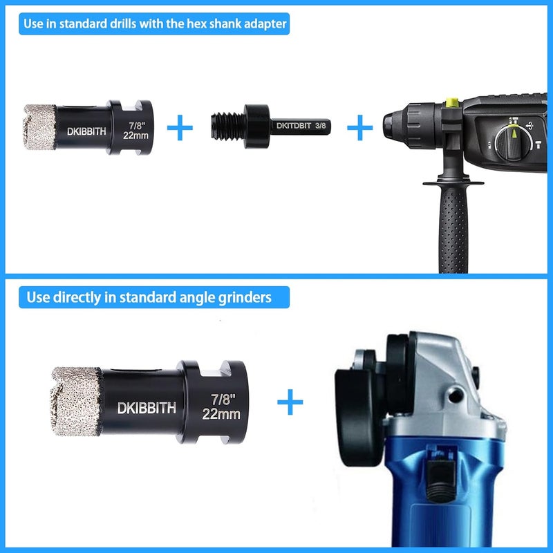 DKIBBITH Dry Diamond Core Drill Bits 7/8 Inch, 22mm Tile Hole Saws for Porcelain Ceramic Tile Granite Marble Stone Brick, Diamond Hole Saw with 5/8-11 Thread and 3/8inch Hex Shank - Image 5